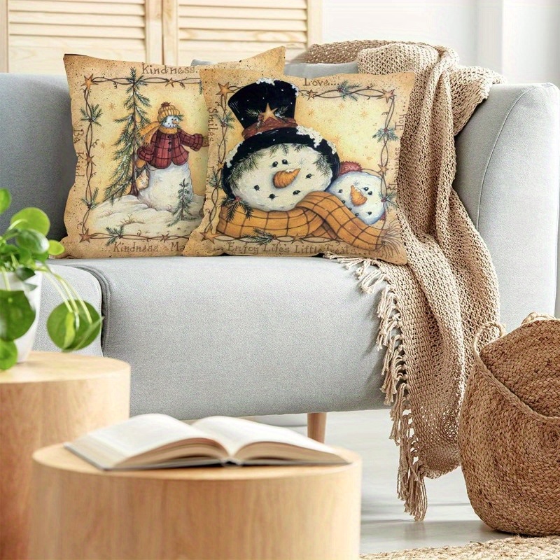 

2-piece Christmas Throw Pillow Covers Set, 18x18 Inch, Snowman & Santa Linen Cushion Cases, Decorative Woven Linen Pillowcases, Rectangular, No Power Required