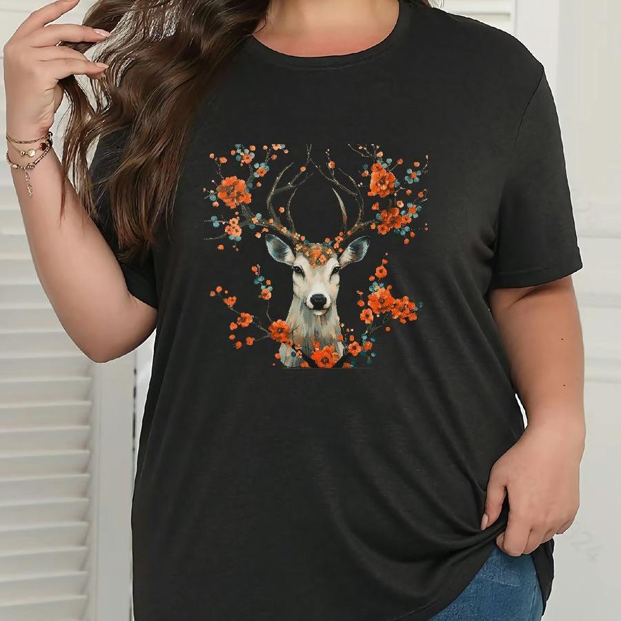 

Plus Size Deer Print T-shirt - Crew Neck Casual Top With Floral Motif, Polyester Blend, Knit Fabric With Slight Stretch, Spring To Fall Geometric Pattern Tee