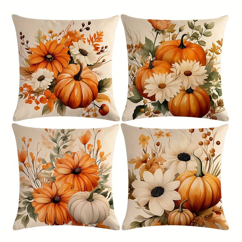 TEMU 4pcs Thanksgiving Vintage Fall Throw Pillow Covers - Sunflower And Pumpkin Linen Cushion Covers With Zipper - Machine Washable, Woven Decorative
