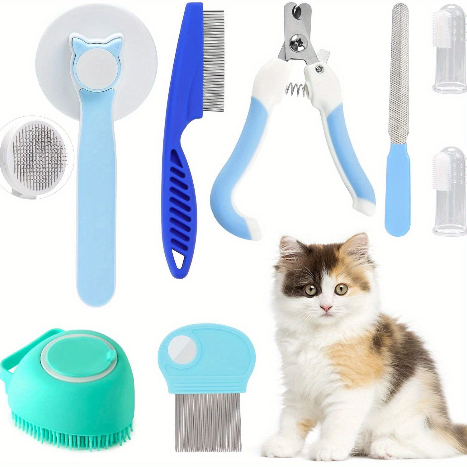 

8-piece 5-in-1 Cat Grooming Kit Including , Nail Clippers, Comb, Shedding Brush And Toothbrush - Keep Your Feline Friend Clean, Healthy And Happy