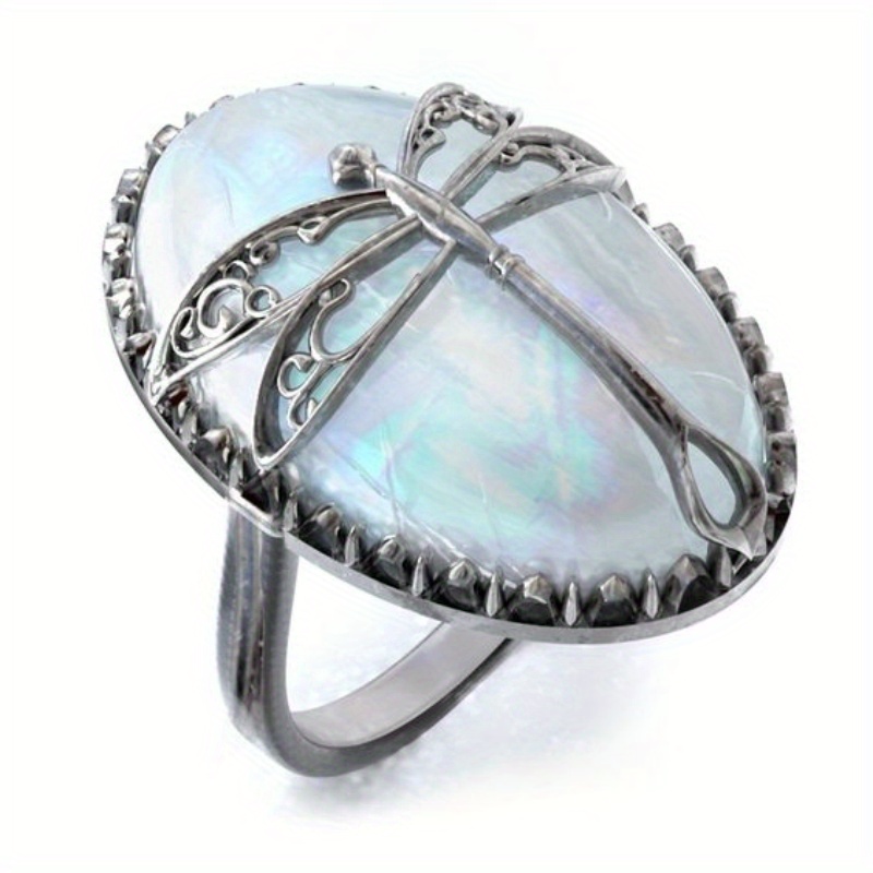 Dragonfly Ring Vintage Silver Plated for Women with Opal