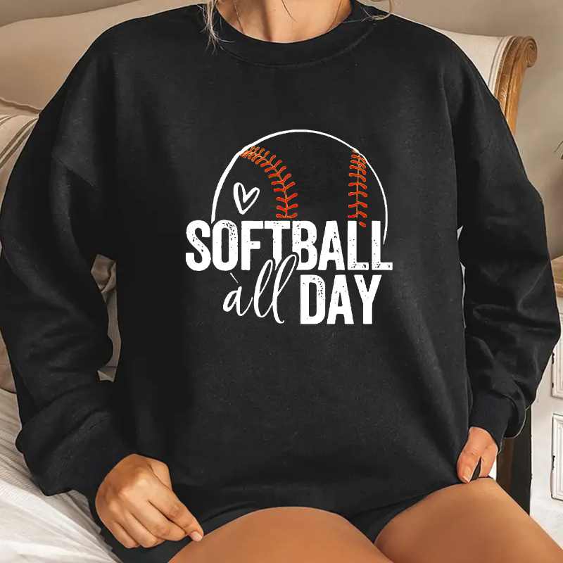 

Women's Casual Softball Print Crew Neck Sweatshirt, 100% Polyester Knit Fabric, Long Sleeve Pullover For Outdoor Sports, Fall/winter Alphabet Pattern – Comfortable & Versatile