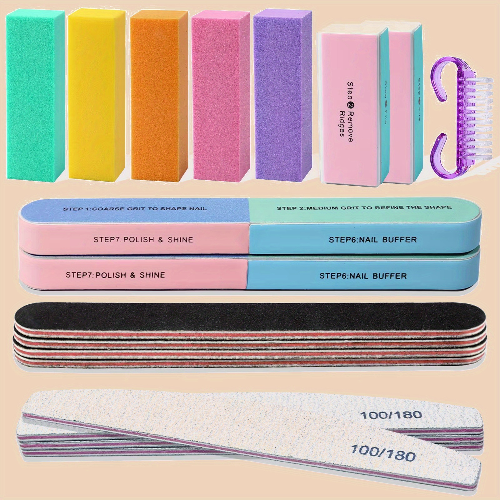 

18-piece Professional Nail Buffing Set: Sand Sponge, Nail Files, Manicure Brush, Acrylic Nail Kit, Salon Tools - No Fragrance