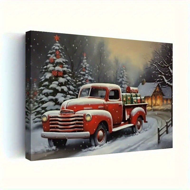 

Christmas Pine Wood Wall Art - Glam Style Red Truck Winter Scene Canvas Print - No Feather Vintage Holiday Decoration For Home, Bedroom, Bathroom, Office, Cafe - Uses No Electricity