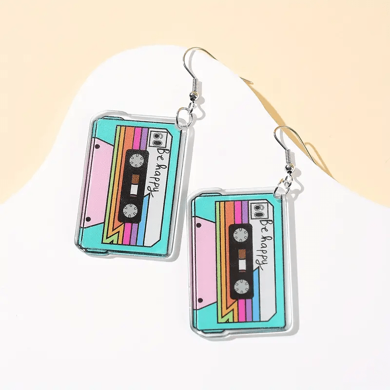Image of A Pair Of Stylish And Minimalist Cassette Tape Plastic Pendant Earrings, Designed In A Minimalist Style, Music Lovers And Vintage Accessories.