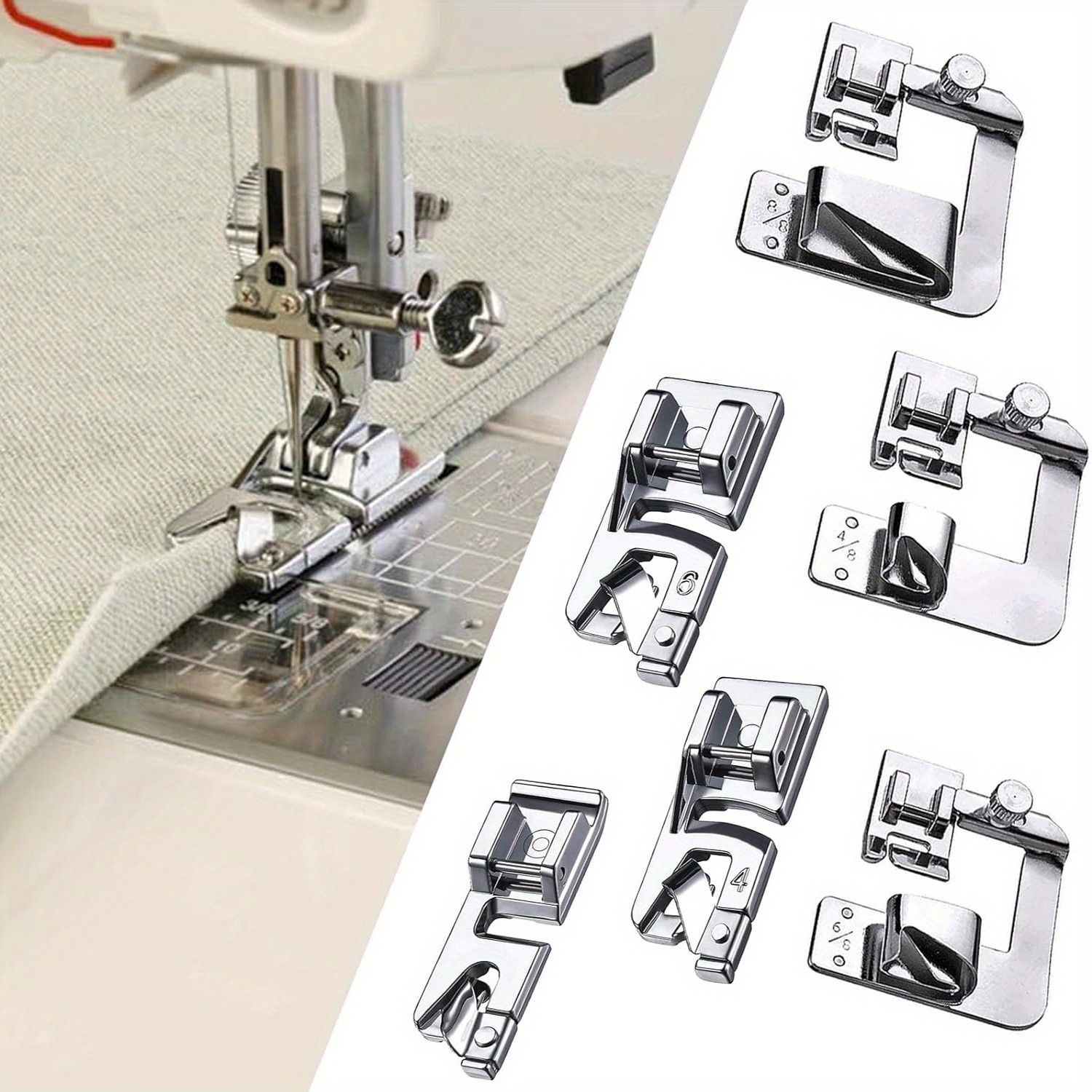 

6pcs Hemming Foot Set, Rolled Hem Presser Feet Compatible With Singer, Brother, Sewing Machines - Includes 3mm, 4mm, 6mm, 1/2", 3/4", 1" Sizes