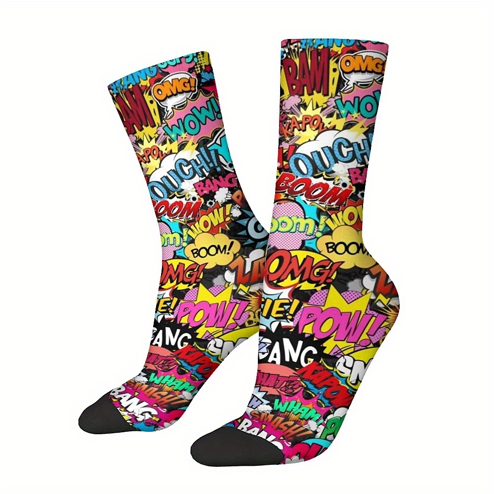 

1 Pair Unisex Crew Socks, Seamless Fun Comic Print, Novelty Happy Polyester-spandex , Hand Wash Only, Gift For Boys