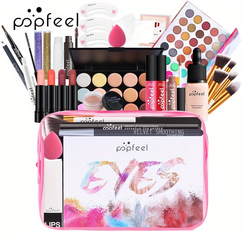 TEMU Christmas Gift - Girls' Makeup Set Series: Eye Shadow, Lip Gloss, Eyebrow Pencil, Powder Puff, Etc., Gift Box For Beauty Tools, Suitable For Girls' Holiday Gifts