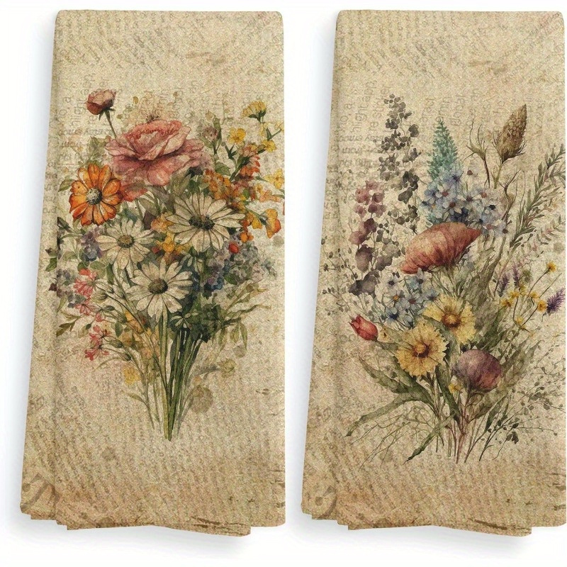 

2-pack Vintage Floral Kitchen Towels, 18x26 Inch, Super Soft Polyester Hand Towels, Machine Washable, Woven Decorative Dish Cloths For , Modern Design