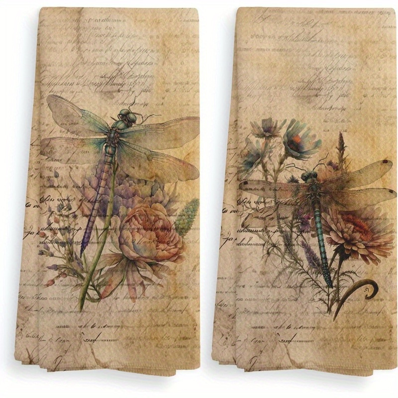 

Set Of 2 Vintage Botanical Dragonfly Kitchen Towels - Woven Polyester Blend Hand Towels, Modern Floral Design, Super Soft, Machine Washable - 18x26 Dish Cloths For Kitchen And Bathroom Decor