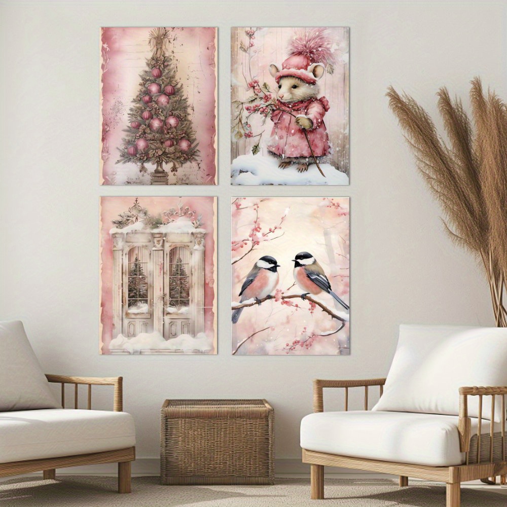 

Festive Christmas And Animal Art Unframed Canvas Paintings - 4 Pieces, 30x40cm, Suitable For Home Decoration, Living Room, Dining Room, Bedroom, Kitchen, Bathroom