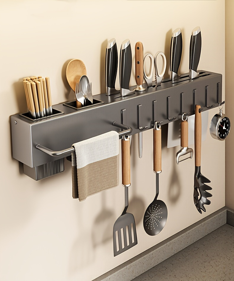 versatile wall mounted kitchen organizer stainless steel storage rack with knife holder for cookware gadgets details 0