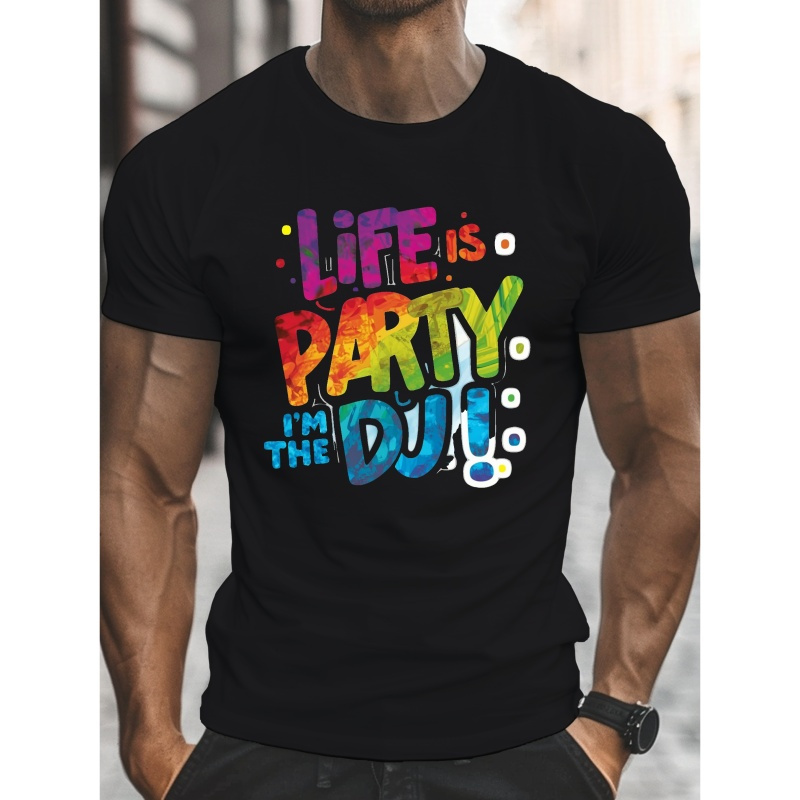 

Men's Polyester Crew Neck T-shirt With Geometric Dj Party Print, Casual Knit Fabric Top With Slight Stretch For Summer - Regular Fit Short Sleeve Tee