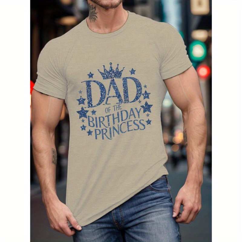 

Dad Of The Birthday Princess" Men's T-shirt - Casual Short Sleeve, Breathable Polyester, Summer Tee With Geometric Print