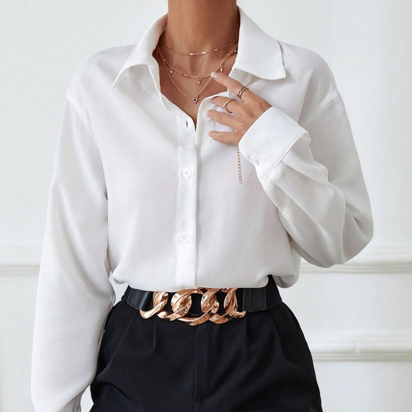 

1pc Elegant Polyester Long Sleeve Shirt For Women, Solid Color Lapel Collar With Full Front Button Closure, Woven Shirting