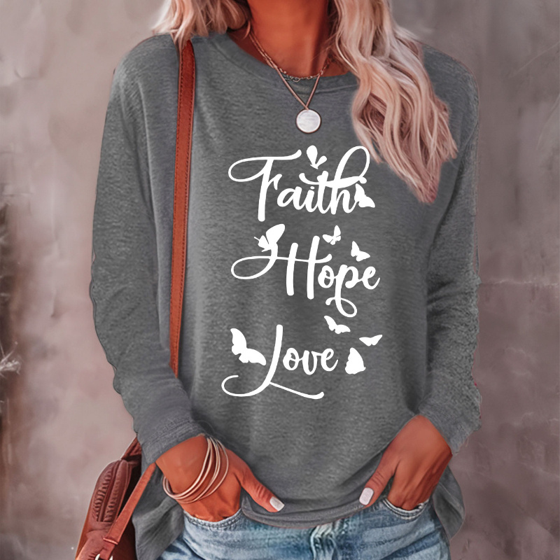 

Women's Inspirational "faith Hope Love" Print Long Sleeve Crew Neck T-shirt - Casual Polyester Blend Knit Top For Fall/winter