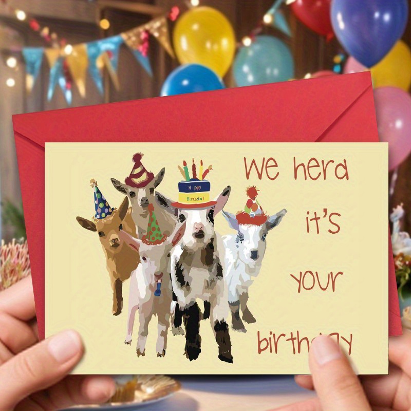 

1pc Whimsical Goat-themed Happy Birthday Greeting For Anyone – Multipurpose Celebration Note For Christmas, New Year, Congratulations & Holiday Wishes With Envelope