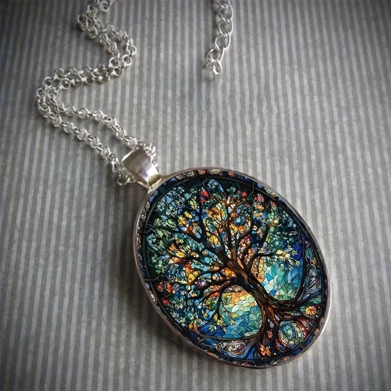 

1pc Stylish And Elegant Tree Of Life Oval Alloy Glass Pendant Chain Necklace, Romantic Gift