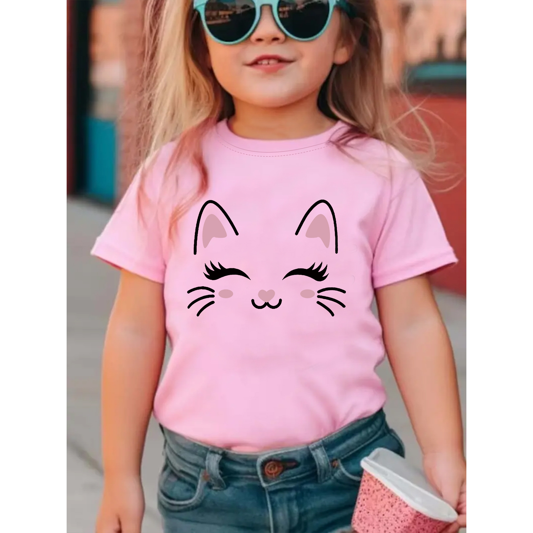 

Kids' Cute Cat Print Short Sleeve T-shirt, Crew Neck Knit Top, Casual Summer Fashion For 1-8, Polyester & Elastane With Stretch