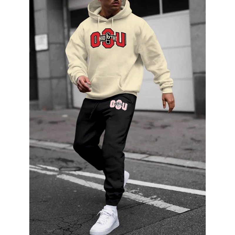 

O S U & Ohio Print Men's New Autumn And Winter Hoodie & Casual Trousers Co Ord Set, Fashionable Comfy 2pcs Outfits For Leisure & Outdoor Activities