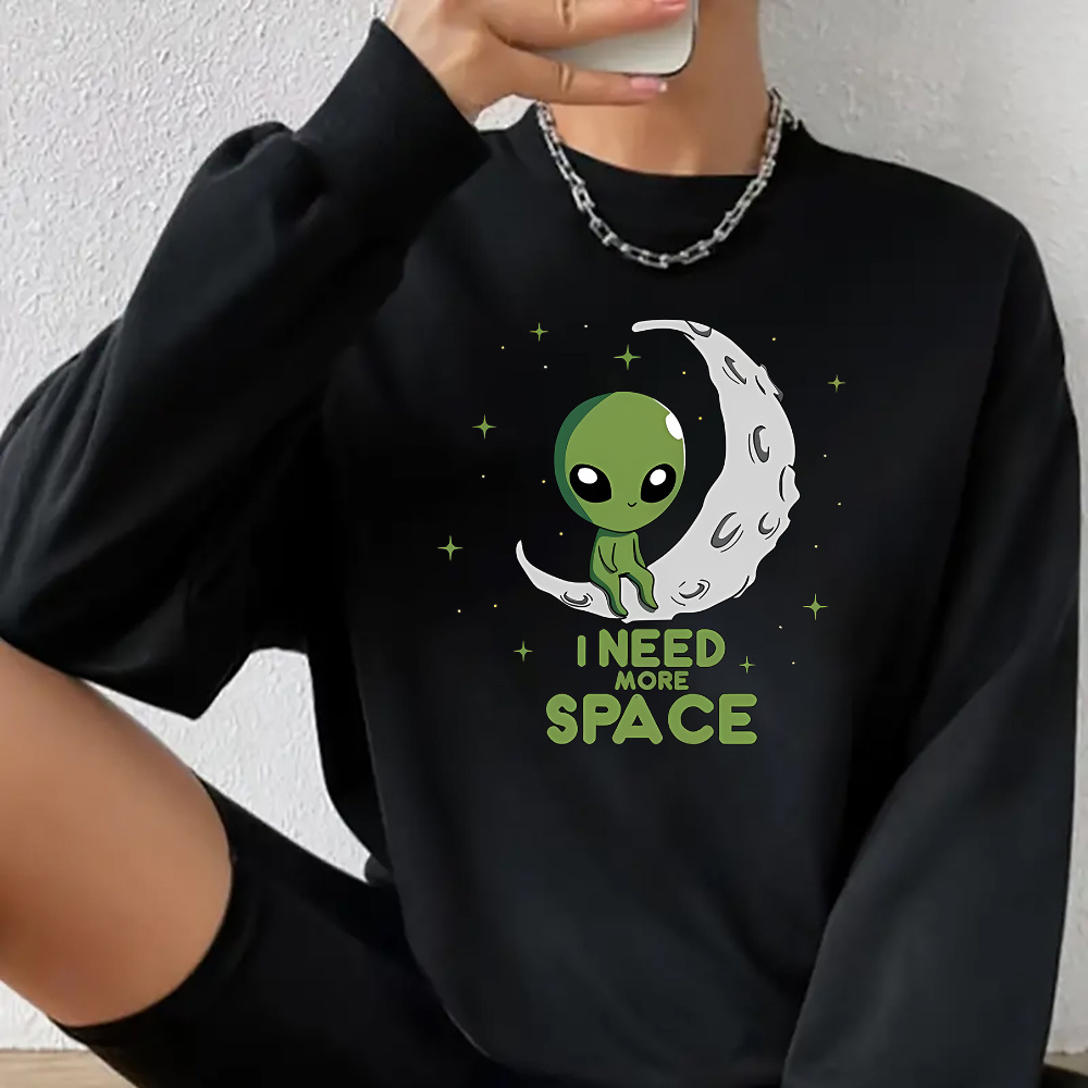 

Women's Casual Alien Print Crew Neck Sweatshirt - 100% Polyester Knit Fabric - All Season Slight Stretch Pullover With Long Sleeves - Fashionable Outer Space-themed Active Tops