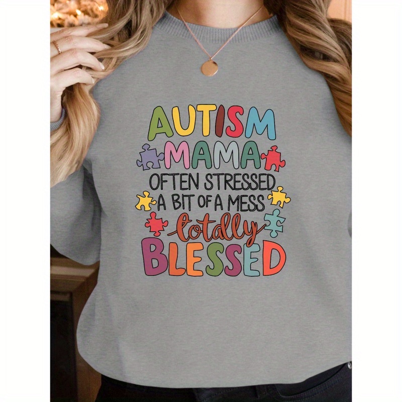 

Autism Awareness Neck Sweatshirt - 100% Polyester Casual Knit Fabric Geometric Pattern Pullover For Fall/winter