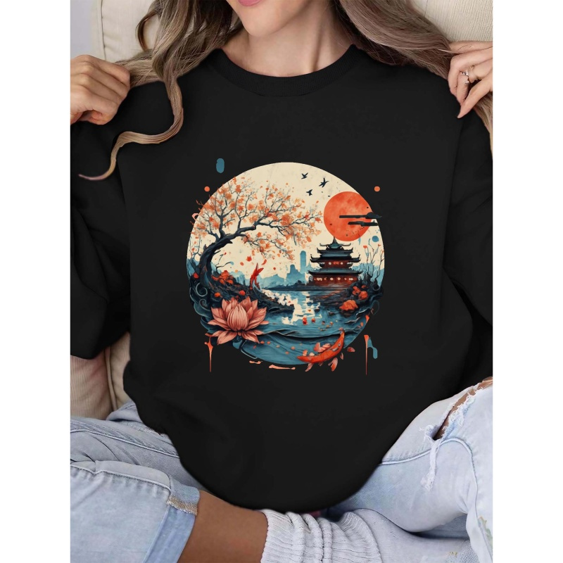 

Imprimé de paysage géométrique du Japon pour femme - Sweatshirt en polyester 100% col rond détendu pour /hiver