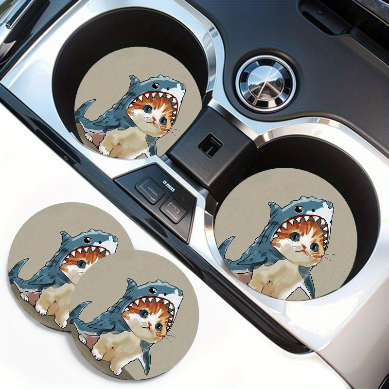 

2pcs Shark & Cat Design Absorbent Car Cup Holder Coasters - Eva Rubber Drink Mats For Vehicle Interior