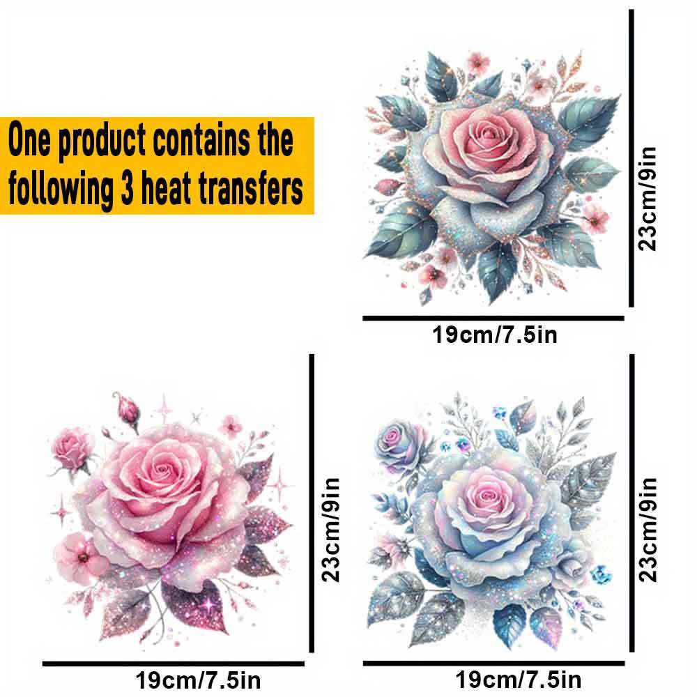 3-pack Glitter Rose Floral Iron-on Heat Transfer Vinyl Decals - Flower Transfers For Diy T-shirts, Clothing, Hats, And Fabrics - Sparkling Washable Patches For Arts And Crafts