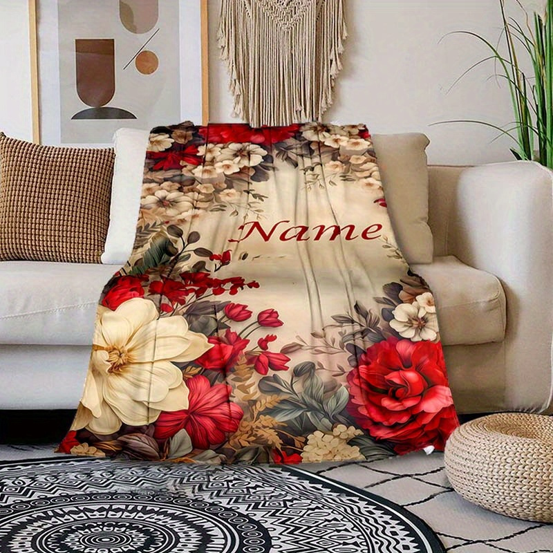 

Custom Name Personalized Blanket - Vintage Floral Wreath Design, Soft Polyester Chunky Knit, All-season Warmth, Ideal For Napping, Camping & Travel, Machine Washable