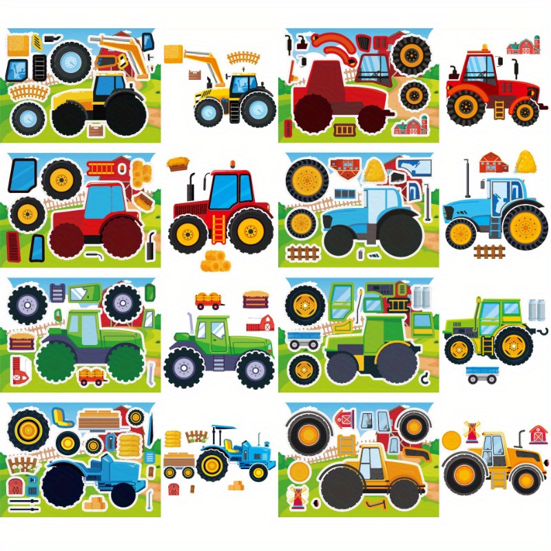 

8/16 Sheets Farm Tractor And Equipment Adhesive Decals, Interactive Puzzle Diy Creative Face-altering Decals, Single-use Paper Craft Stickers For 14+, Ideal For Parties And Educational Play