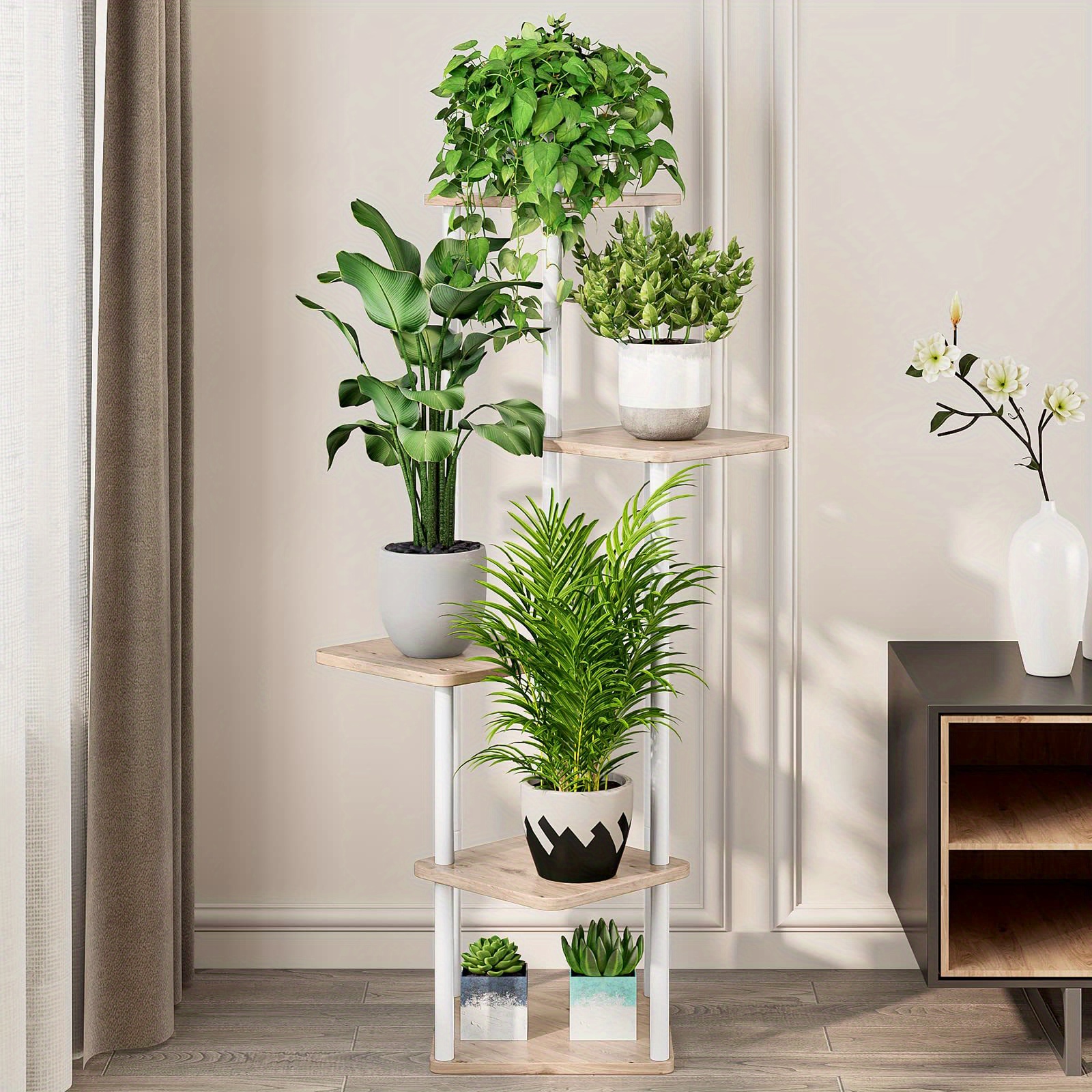 5-Tier Metal Corner Plant Stand - Tall Indoor Shelf For Multiple Plants, White Frame With MDF Panels, For Living Room, Balcony