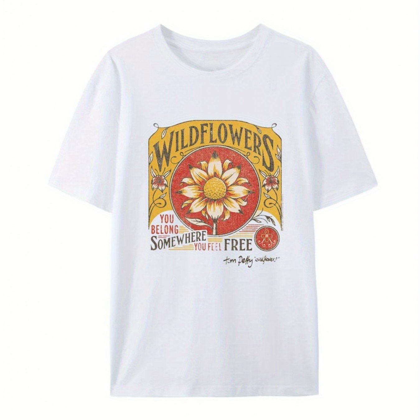 

Classic Casual Tom Wildflowers, To A Place That Makes You Feel Free. Adult Short Sleeved T-shirt With 90s Pattern Cotton T-shirt 43015