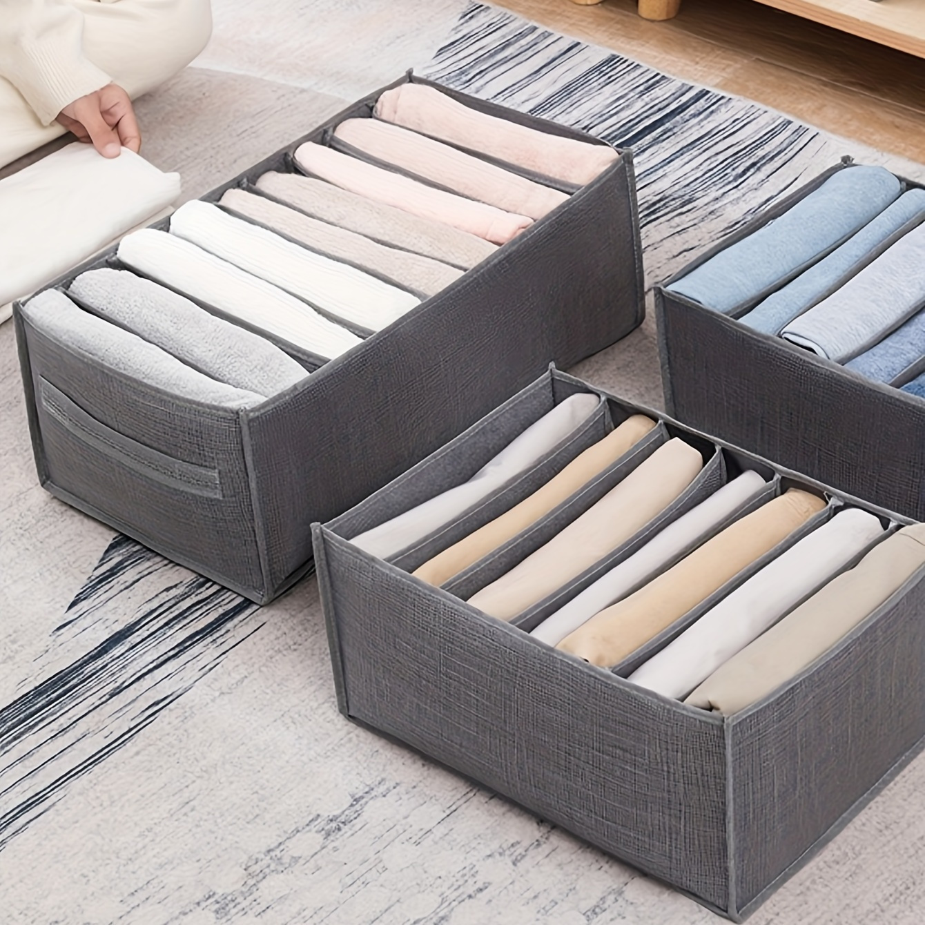 3pcs foldable canvas drawer organizer set space saving wardrobe closet storage boxes with   grids for jeans shirts sweaters details 9