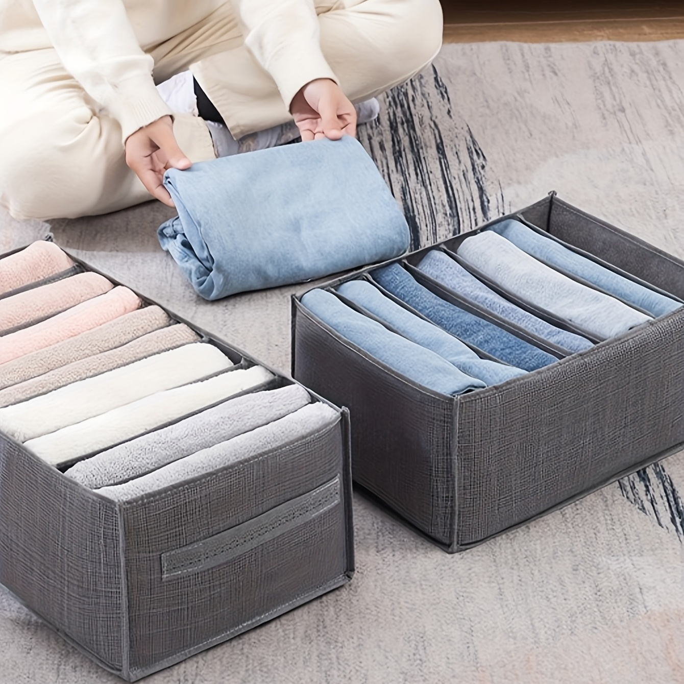 3pcs foldable canvas drawer organizer set space saving wardrobe closet storage boxes with   grids for jeans shirts sweaters details 10