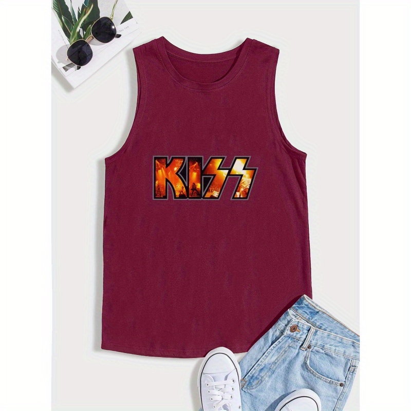 

Plus Size Men's Tank Tops - Kiss Rock Print Sleeveless Shirt - 100% Polyester Breathable Sports & Casual Top - Summer Knit Fabric With Slight Stretch For Big & Tall