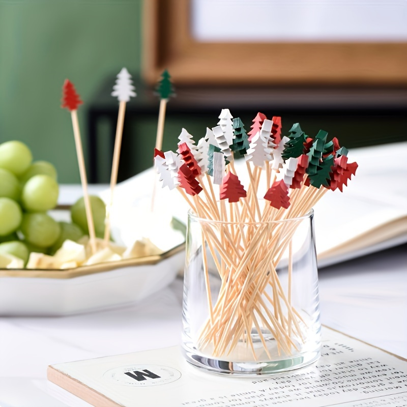 

50pcs Christmas Themed Wooden Toothpicks - Bamboo Skewers With Santa, Reindeer, , Tree Toppers For Holiday Party Appetizers, Fruit Picks, And Cake Decorations