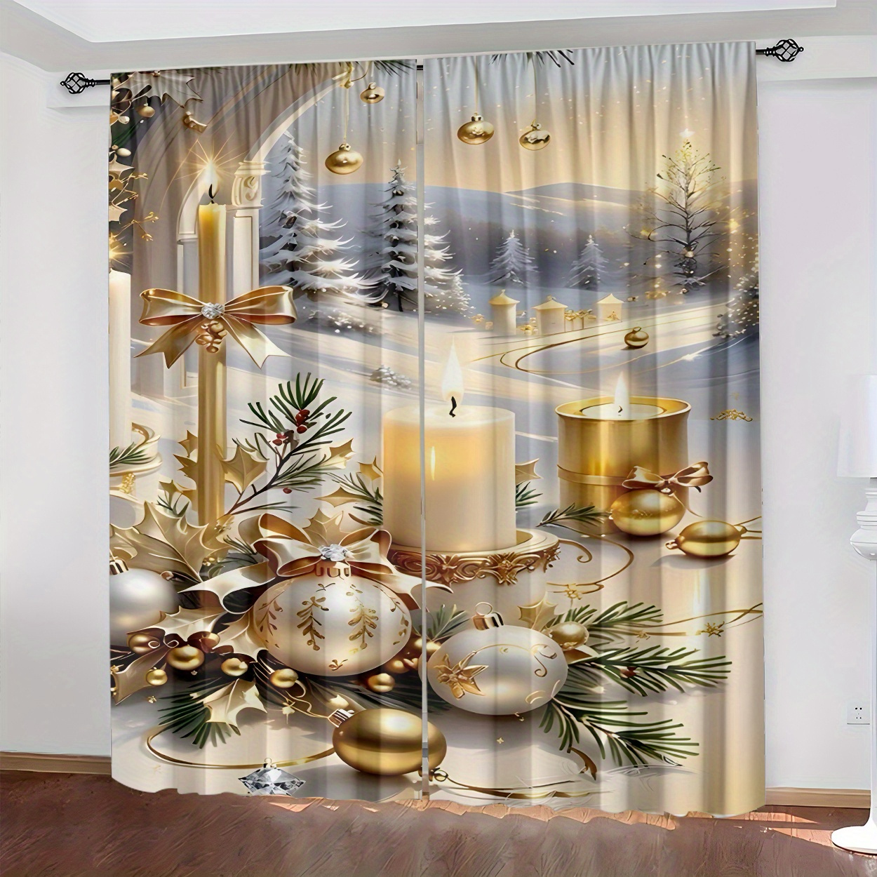 

2pcs Christmas Light Filtering Curtains - Rod , Bedroom, Living Room, Office & Home Decor