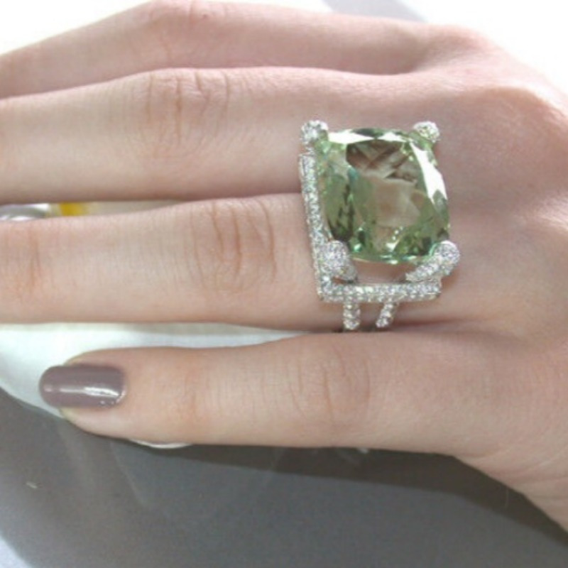 Light Green Cushion Cut CZ Cocktail Ring for Women