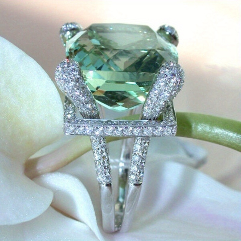 Light Green Cushion Cut CZ Cocktail Ring for Women