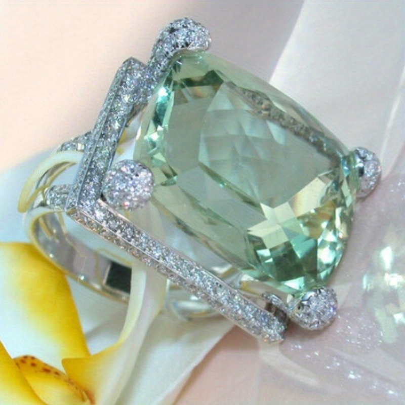 Light Green Cushion Cut CZ Zirconia Cocktail Ring with Split Shank