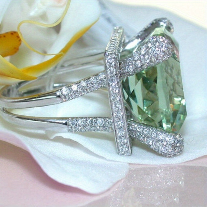 Light Green Cushion Cut CZ Zirconia Cocktail Ring with Split Shank