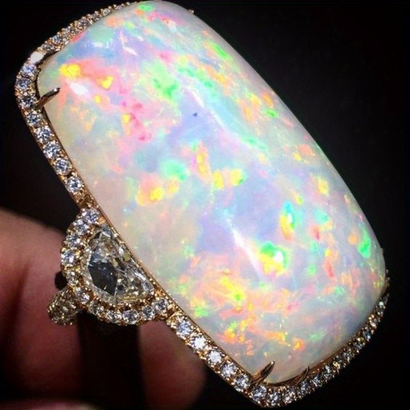 E-shop Großer elliptischer Feueropal-Ring, weißer Opalstein, Hochzeit, Verlobung, Mode-Schmuck für Damen