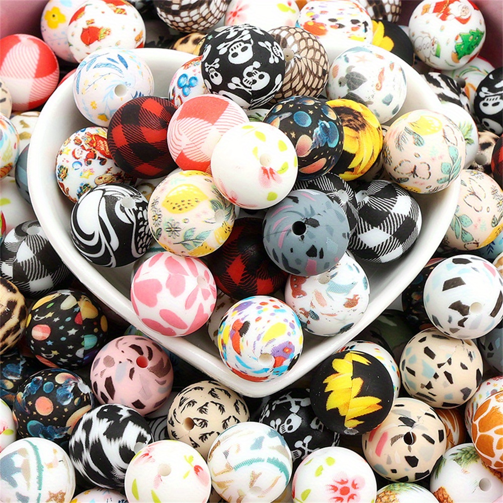 

50 Pieces Mixed 15mm Water Transfer Silicone Beads Leopard Print Camo Silicone Beads Jewelry Making Diy Beaded Decorative Accessories