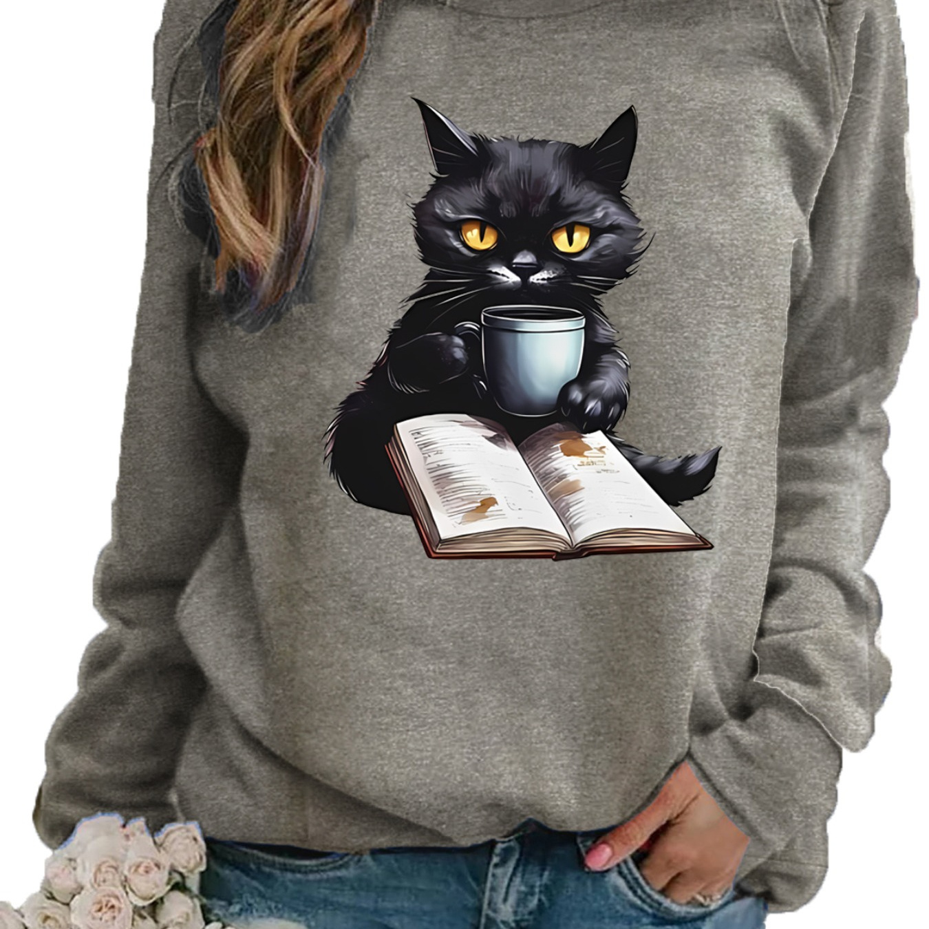 

Women's Casual Crew Neck Sweatshirt With Raglan Sleeves - Cotton Blend Applique Cat And Book Print Pullover For Daily Wear, Slight Stretch, Long Sleeve - Suitable For Spring, Summer, Fall