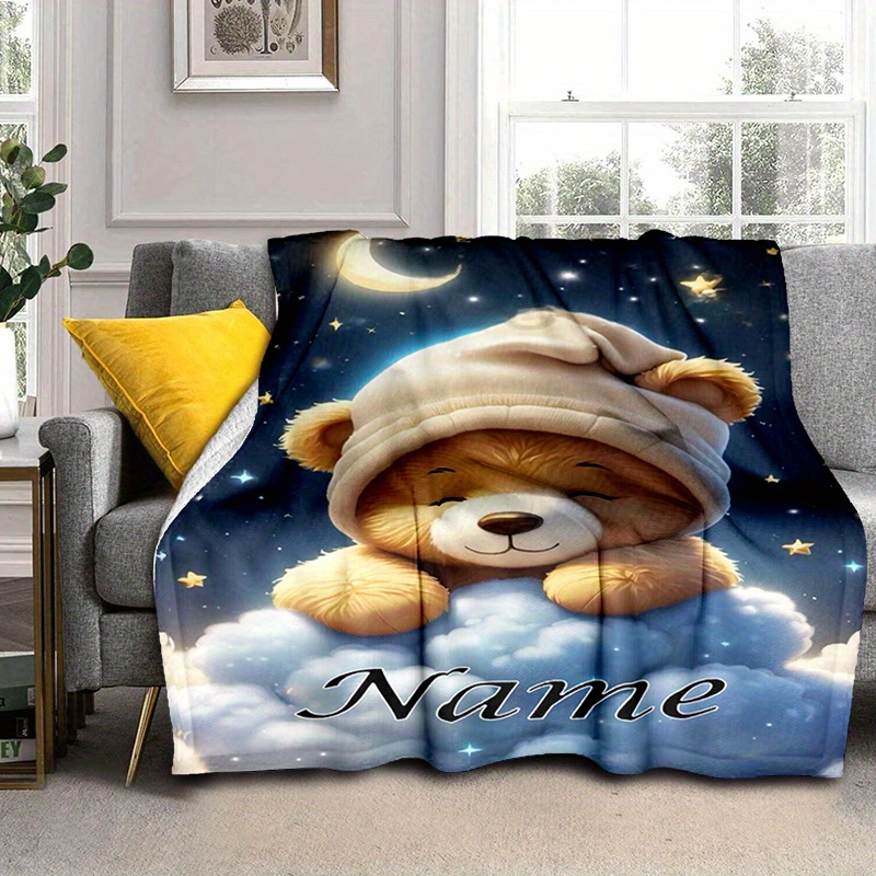 TEMU Personalized Cute Bear Fleece Blanket - Custom Name, Soft & Warm For Bed, Sofa, Picnic | Ideal Christmas & Gift