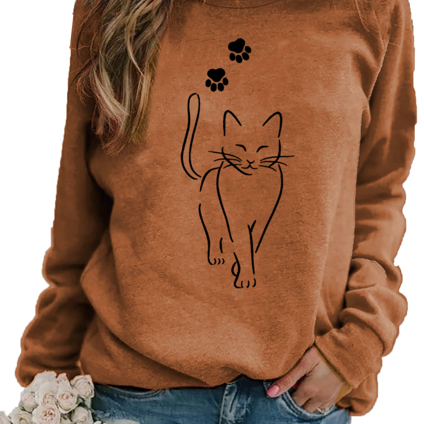 

Cat Print Pullover Sweatshirt, Casual Long Sleeve Crew Neck Sweatshirt For Fall & Winter, Women's Clothing