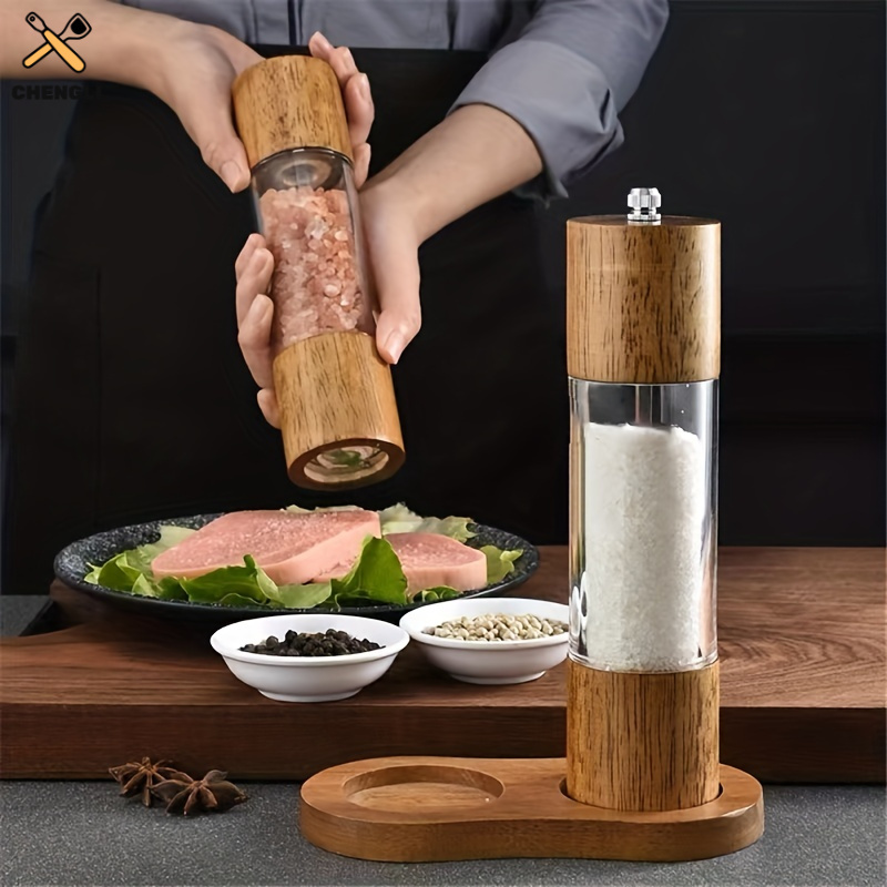 

3pcs Set: Premium Wooden Salt & Pepper Grinder - Manual With Adjustable Coarseness, Refillable Kitchen Seasoning Tools For Home And Restaurant Use