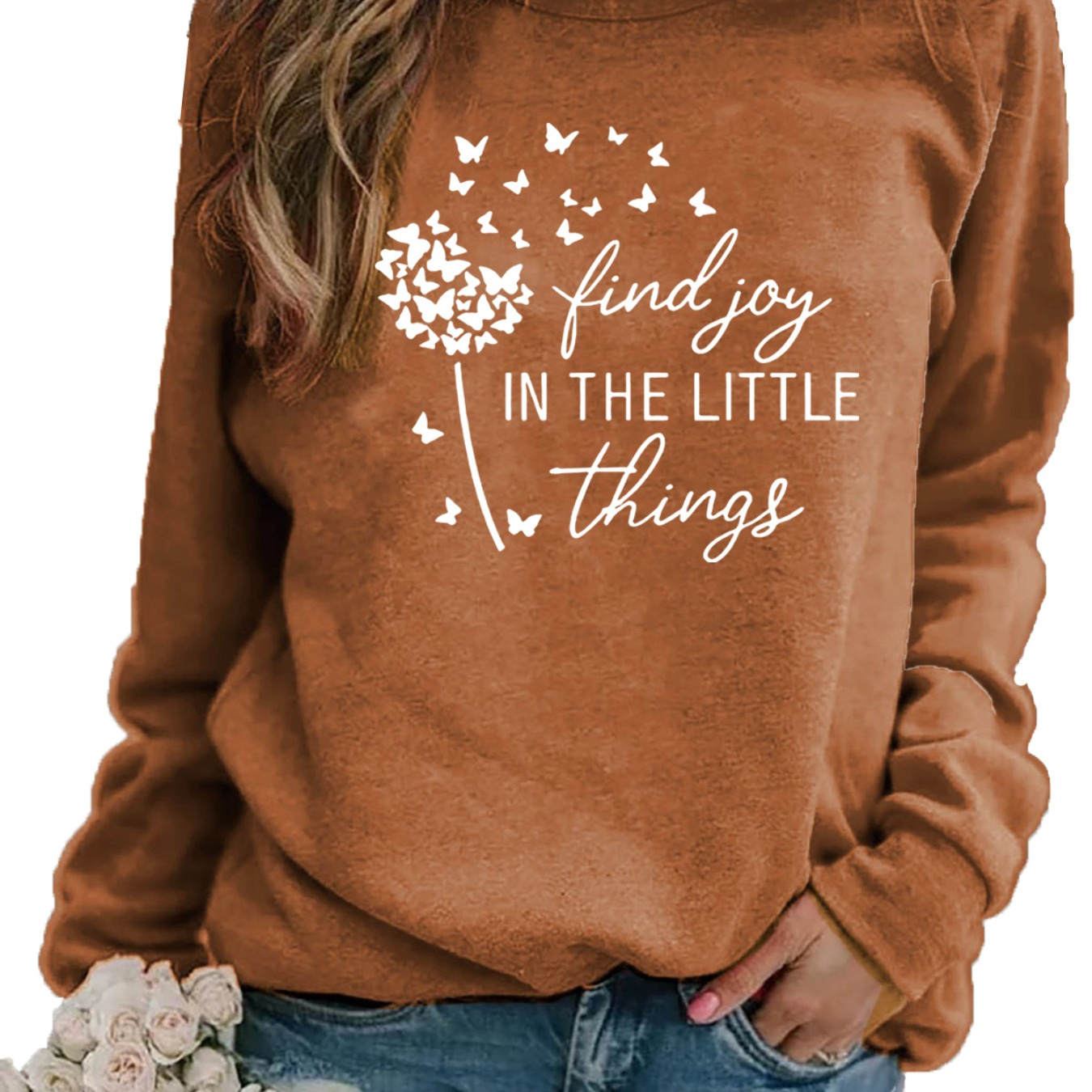 

Letter And Dandelion Print Sweatshirt, Crew Neck Casual Sweatshirt For Fall & Spring, Women's Clothing