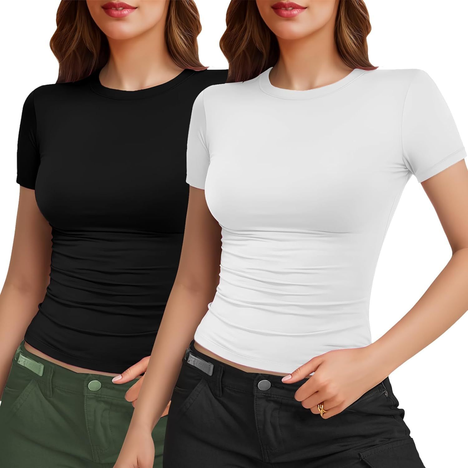 

2-pack Women' Solid Color Short Sleeve Fitted Crew Neck T-shirts, Slim Fit Y2k Style Sexy Tops For Summer